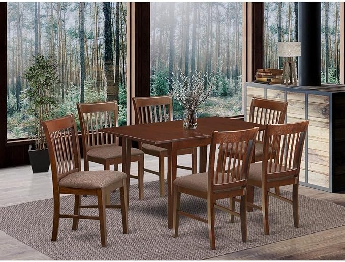 HomeStock 7 Piece Dining Table Set Consist of a Rectangle Dining Room Table with Extension Leaf and 6 Linen Upholstered Seat Chairs, 32x60 Inch, Mahogany