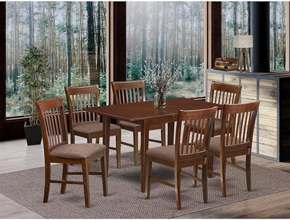HomeStock 7 Piece Dining Table Set Consist of a Rectangle Dining Room Table with Extension Leaf and 6 Linen Upholstered Seat Chairs, 32x60 Inch, Mahogany