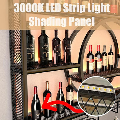 Metal Wine Rack Wall Mounted with LED Light, 3-Tier Bar Liquor Shelf with Wine Glass Holder, Modern Large Capacity Liquor Bottle Display Storage Shelf for Home Bar, Dining Room(Black, 140 * 80 * 15)