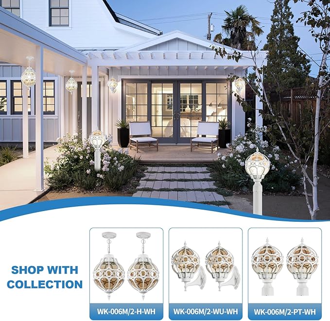 Retro Globe Outdoor Pendant Lights, White Aluminum Waterproof Hanging Light Fixture for Porch Entryway Hallway, Vintage Round Exterior Chandelier, Outside Pendant Lamp with Amber Glass