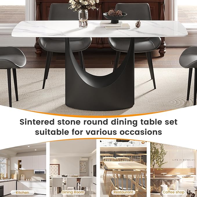 63 Inch Sintered Stone Dining Table for 4-6, Modern Rectangle Kitchen Table with Heat Resistant Top, Scratch Proof Metal Base, Multifunctional Meeting Desk for Home Office