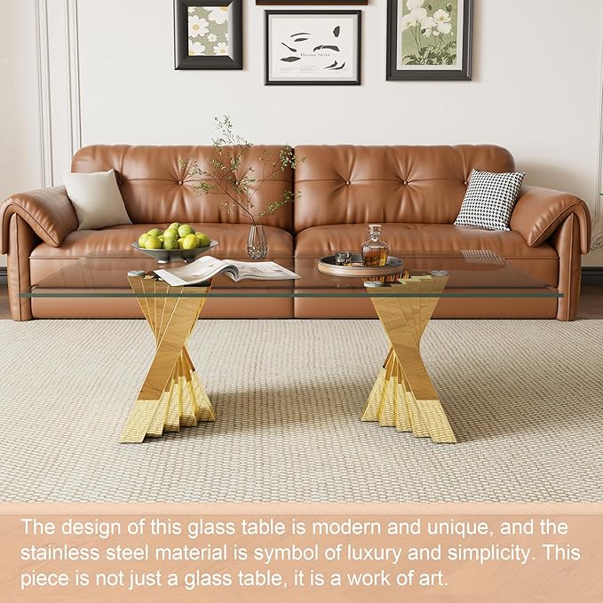Glass Coffee Table, 51" Coffee Table with Tempered Glass Tabletop and Mirror Finish Stainless Steel Legs, Modern Rectangular Center Table for Living Room, Office