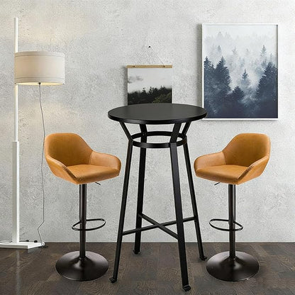 Glitzhome Bar Table and Chairs Set, Round Black Steel Pub Table with Soild Elm Wood Top and Bar Height Adjustable Swivel PU Leather Bar Stool for Breakfast Nook Living Room Small Space Restaurant