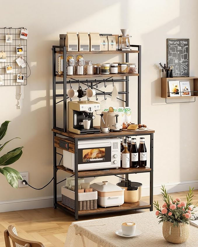 VEVOR Kitchen Bakers Rack with Power Outlets, 31.5 x 15.7 x 63.7Inch Microwave Stand with Built-in Power Strip & 5 Ft Cord, 12 S-Shaped Hooks, for Dish Storage, Spice Jars, Coffee Bar Organization