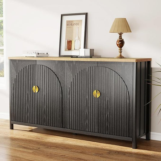 Sideboard Cabinet with Storage - 63” Large Kitchen Buffet Table, Adjustable Shelf & 4 Fluted Doors Farmhouse Coffee Bar for Living Room Dining Room Entryway, Black