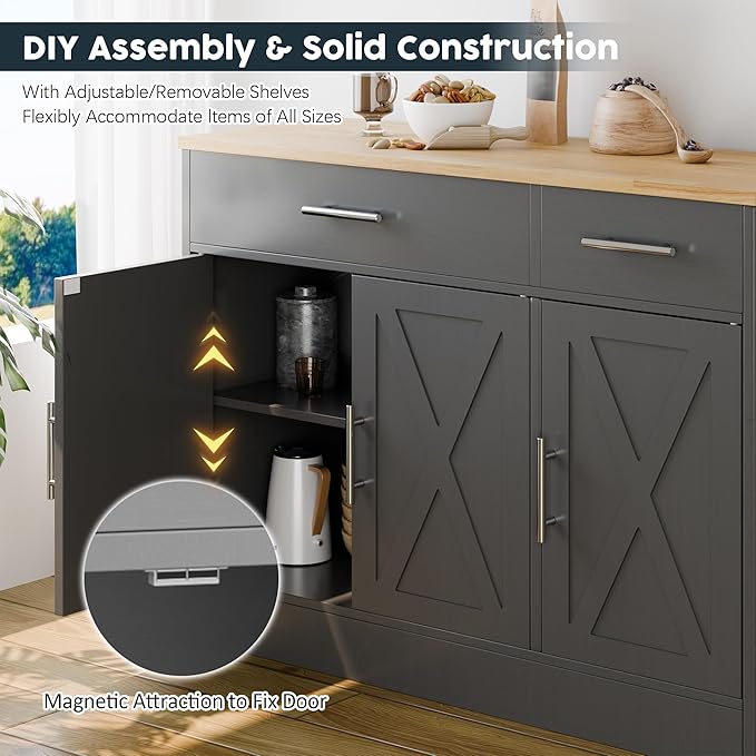 SUNLEI Kitchen Buffet Sideboard Cabinet, Wooden Storage with 3 Doors and 2 Drawers, Adjustable Shelf, Modern Farmhouse Coffee Bar Cabinet with Storage for Kitchen/Laundry/Living Room,Grey