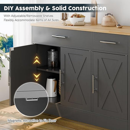 SUNLEI Kitchen Buffet Sideboard Cabinet, Wooden Storage with 3 Doors and 2 Drawers, Adjustable Shelf, Modern Farmhouse Coffee Bar Cabinet with Storage for Kitchen/Laundry/Living Room,Grey