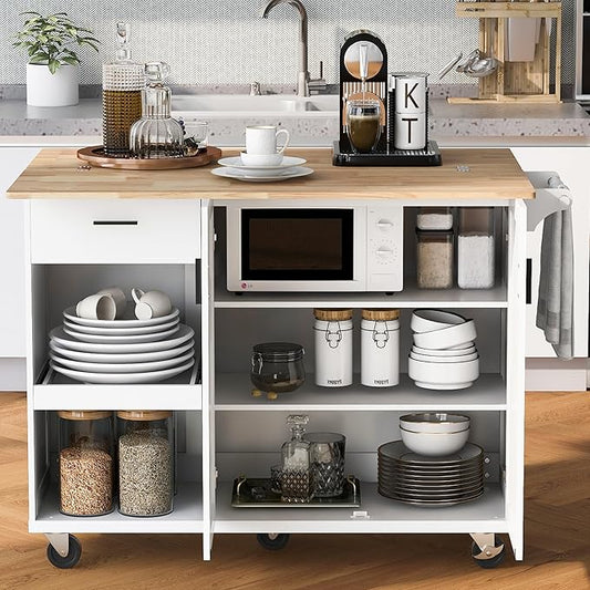 RUNNA Kitchen Island with Foldable Counter Top,Kitchen Storage Cart with Slide-Out Shelf,Towel Rack and Drawer, Rolling Cart on Wheels,Living Room,Dining Room (White@036)