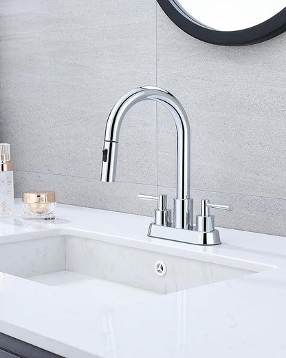 Bathroom Faucet with Pull Out Sprayer, Chrome Bathroom Faucet 3 Holes, 2 Handle Bathroom Sink Faucet with 360 Degree Swivel Spout, Pop Up Drain Assembly Included