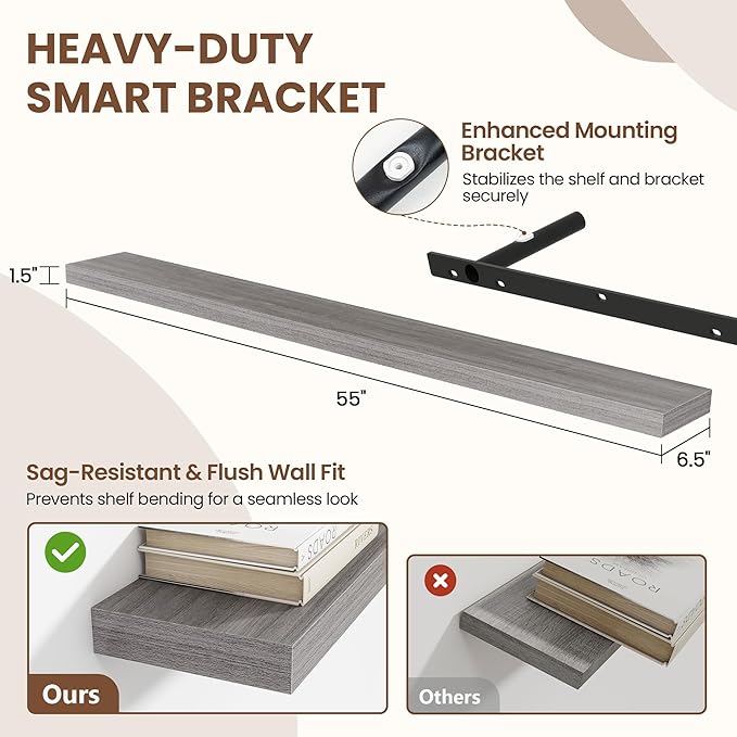 Acovy 55 Inch Floating Shelves for Wall 2 Pack, 55" Wall Shelves for Books, Storage, Decor, Wall Mounted Floating Shelf with Invisible Brackets for Kitchen, Living Room, Gray