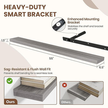 Acovy 55 Inch Floating Shelves for Wall 2 Pack, 55" Wall Shelves for Books, Storage, Decor, Wall Mounted Floating Shelf with Invisible Brackets for Kitchen, Living Room, Gray