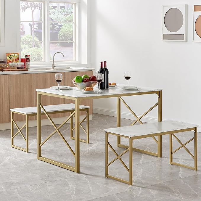 VECELO Kitchen Table with 2 Benches for 4, Wood Dining Room Dinette Sets with Metal Frame for Breakfast Nook and Small Space, Gold