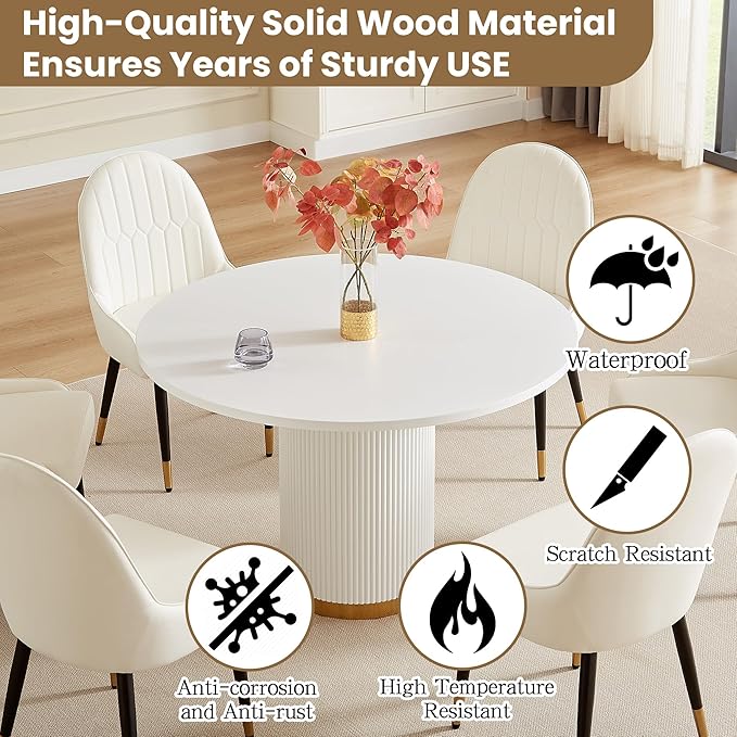 Round Dining Table Set for 6, 46.46" Modern Farmhouse Dining Table and 4 Leather Dining Chair, Circle Kitchen Tables with Wood & Gold Stainless Steel Base for Living Room, Kitchen,White