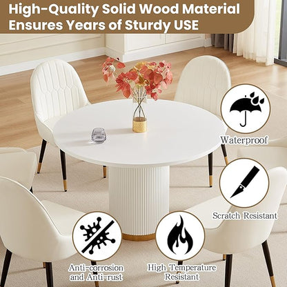 Round Dining Table Set for 6, 46.46" Modern Farmhouse Dining Table and 4 Leather Dining Chair, Circle Kitchen Tables with Wood & Gold Stainless Steel Base for Living Room, Kitchen,White