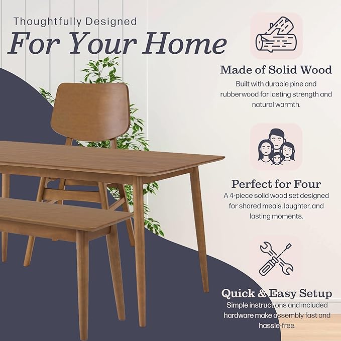 Alaterre Furniture Calais Dining – 4 Piece Dining Table Set for 4 with Chairs and Bench – Mid Century Modern 59-Inch Solid Wood Kitchen & Dining Room Table with Bench, and 2 Chairs (Pecan Finish)