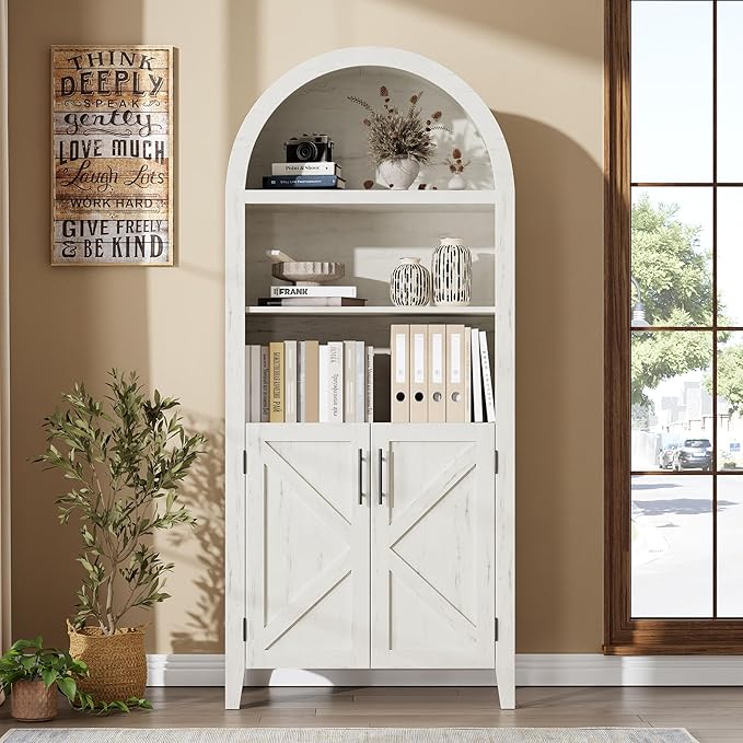 IDEALHOUSE Arched Kitchen Pantry Cabinet with Doors - 5-Tier Open Display Shelf with Nice Texture, Farmhouse Storage Cabinet for Kitchen, Dining Room, Living Room, White