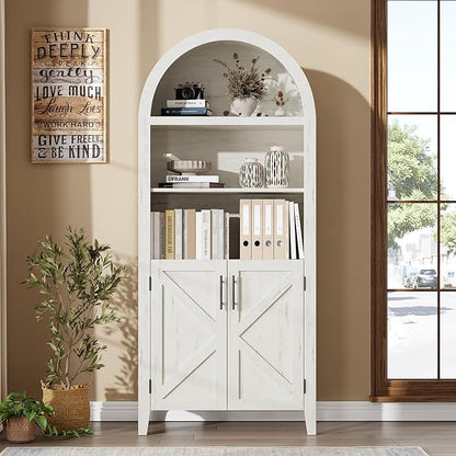 IDEALHOUSE Arched Kitchen Pantry Cabinet with Doors - 5-Tier Open Display Shelf with Nice Texture, Farmhouse Storage Cabinet for Kitchen, Dining Room, Living Room, White