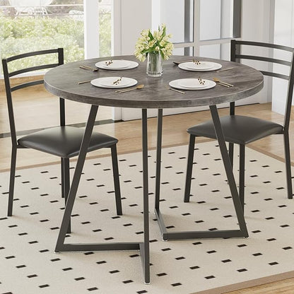 VECELO Round Dining Table Set for 4, Wood Tabletop & Heavy-Duty Steel Frame, 7-Piece Dinette with Chairs for Kitchen, Breakfast Nook, Dark Grey & Black