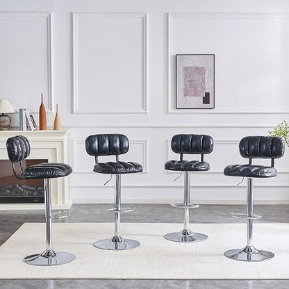 Set of 2 Adjustable Height Bar Stools, Black PU Leather Upholstered with Chrome Base & Footrest, Modern Comfortable Stools for Kitchen Island, Home Bar, Game Room & Office Break Area