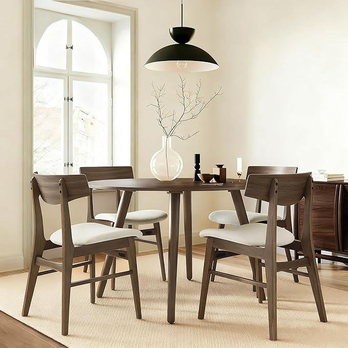 KISLOT Wooden Dining Chairs Set of 6, Upholstered Modern Dining Room Chairs, Mid Century Oak Kitchen Chairs with Curved Wood Backrest for Kitchen, Restaurant, Farmhouse (Cream Fabric & Walnut Color)