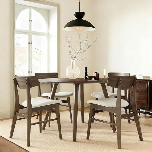 KISLOT Wooden Dining Chairs Set of 4, Upholstered Modern Dining Room Chairs, Mid Century Oak Kitchen Chairs with Curved Wood Backrest for Kitchen, Restaurant, Farmhouse (Cream Fabric & Walnut Color)