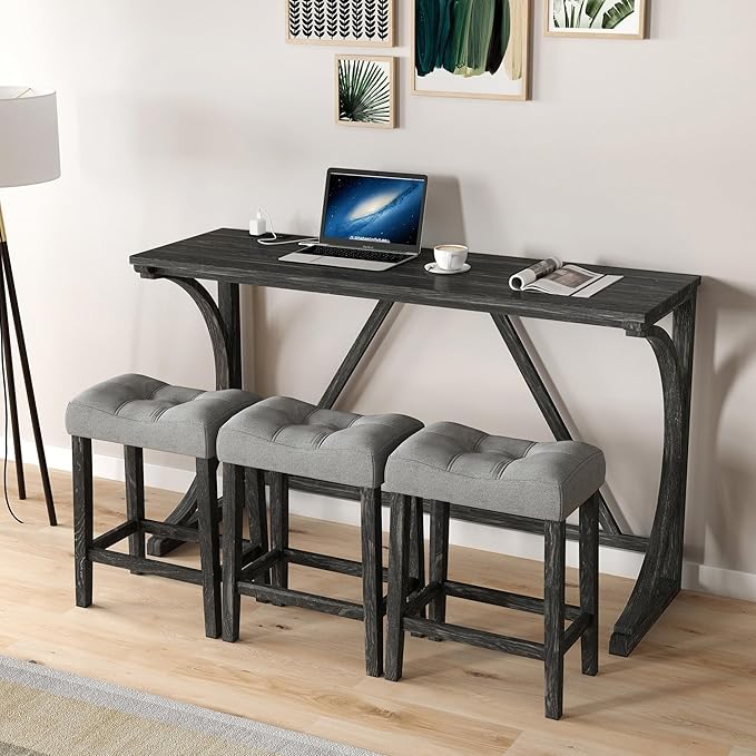 Betoko Counter Height Table and Chairs Set of 4, Breakfast Nook Bar Table with Outlet and Stools, Grey Black