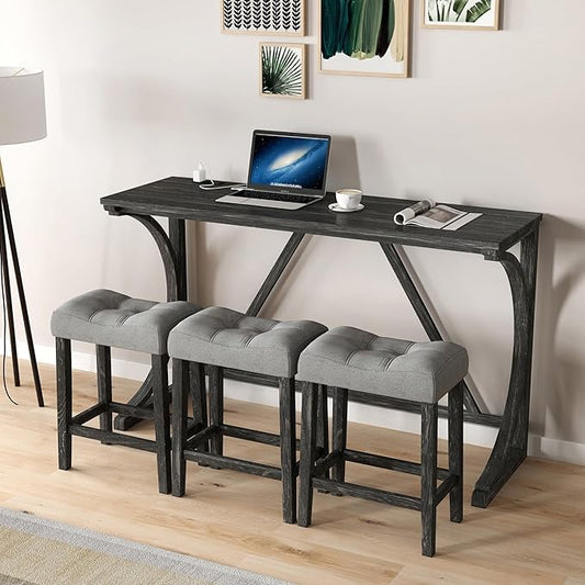 Betoko Counter Height Table and Chairs Set of 4, Breakfast Nook Bar Table with Outlet and Stools, Grey Black
