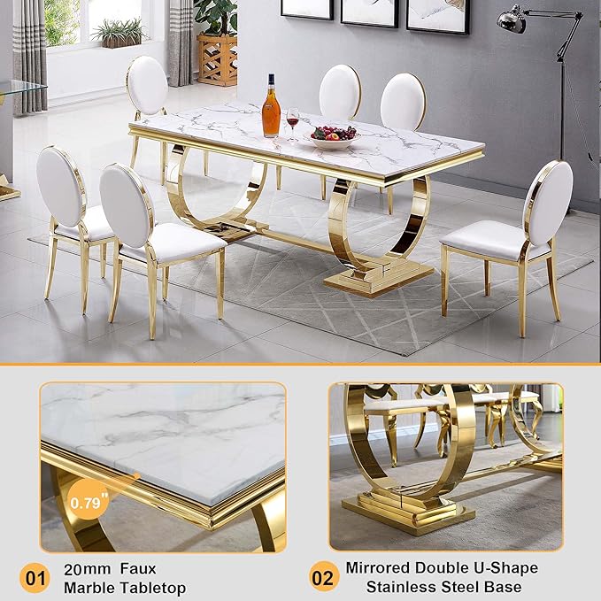 68" White Gold Marble Dining Table, Modern Kitchen Table with 0.79" Faux Marble Tabletop and Mirrored Stainless Steel Frame, Luxurious Rectangular Dining Room Table for Kitchen(No Chairs)