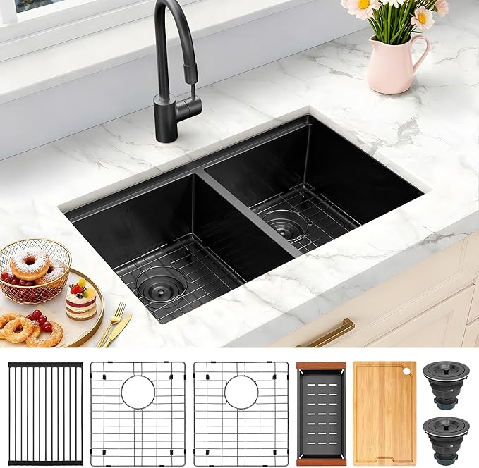 LQS 32 Inch Black Kitchen Sink, Undermount Kitchen Sink Black with Abundant Workstation Accessories, 10” Deep Enough and 50/50 Double Kitchen Sink for Food Prep and Dish Rinsing