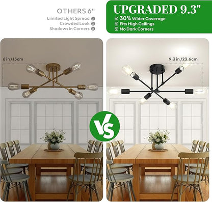 Modern Sputnik Chandelier Ceiling Light Fixtures, 6-Lights 22” Mid Century Industrial Metal Semi Flush Mount for Dining Room, Bedroom, Living Room, 6 T64 Bulbs