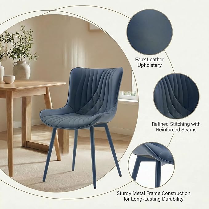 Kidol & Shellder Dining Chairs Set of 2, Mid Century Modern Kitchen Chairs with Metel Legs, PU Leather Upholstered Side Chair for Dining Room, Living Room, Lounge, Restaurant, Navy Blue