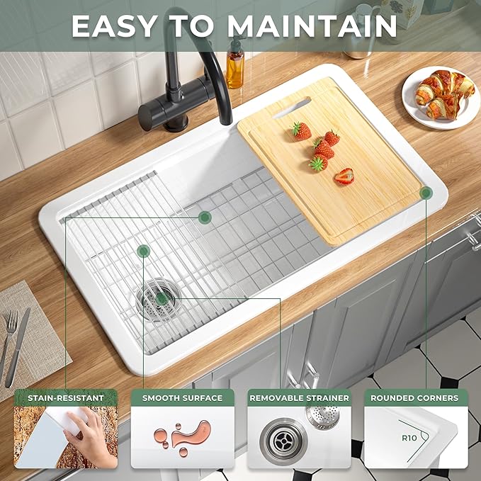Offset Drain Fireclay Undermount Workstation Kitchen Sink 33 Inch, Large Topmount White Undermount Sink 33''x19''x10'' Drop In, Deep Single Bowl Heavy Duty, Dual Mount, for Kitchen, Island