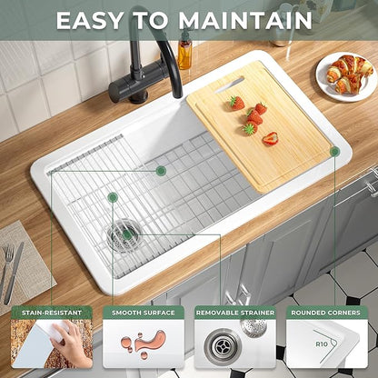 Offset Drain Fireclay Undermount Workstation Kitchen Sink 33 Inch, Large Topmount White Undermount Sink 33''x19''x10'' Drop In, Deep Single Bowl Heavy Duty, Dual Mount, for Kitchen, Island