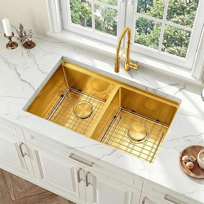 32 Inch Gold Sink Undermount Double Bowl, 16 Gauge 50/50 Double Bowl Stainless Steel Workstation Sink, 32"x18"x10" Large and Deep Kitchen Sink With Accessories