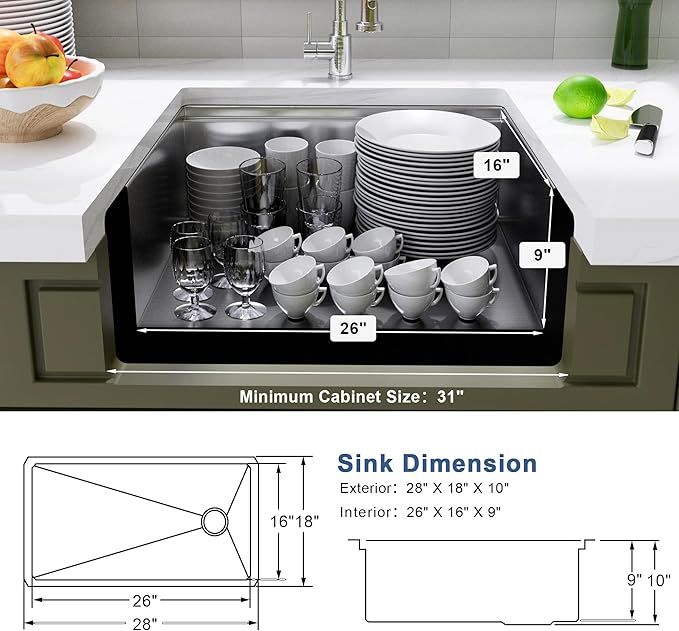 Undermount Kitchen Sink 28 inch,16 gauge Stainless Steel Workstation Sink,Deep and Large Single Bowl Kitchen Sinks Offset Drain (28" X 18")