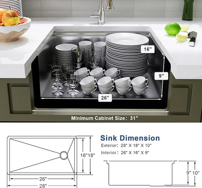 Undermount Kitchen Sink 28 inch,16 gauge Stainless Steel Workstation Sink,Deep and Large Single Bowl Kitchen Sinks Offset Drain (28" X 18")