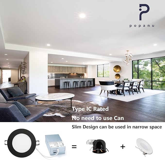 POPANU Premium LED-Canless Recessed Lighting 4-inch 5 CCT Adjustable Dimmable Recessed Downlight Fixture, Ceilling Light with Junction Box, 2700-5000K, 9W, Black Finish, 6 Pack