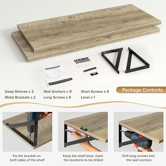 Acovy Deep Floating Shelves Wall Mounted, 30"x12" Gray Wall Shelves with Brackets Set of 2 for Bedroom, Living Room, Bathroom, Kitchen, Office - Storage & Display Shelf for Decor, Books, Plants