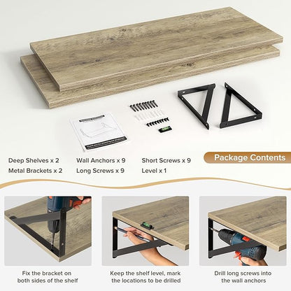Acovy Deep Floating Shelves Wall Mounted, 30"x12" Gray Wall Shelves with Brackets Set of 2 for Bedroom, Living Room, Bathroom, Kitchen, Office - Storage & Display Shelf for Decor, Books, Plants