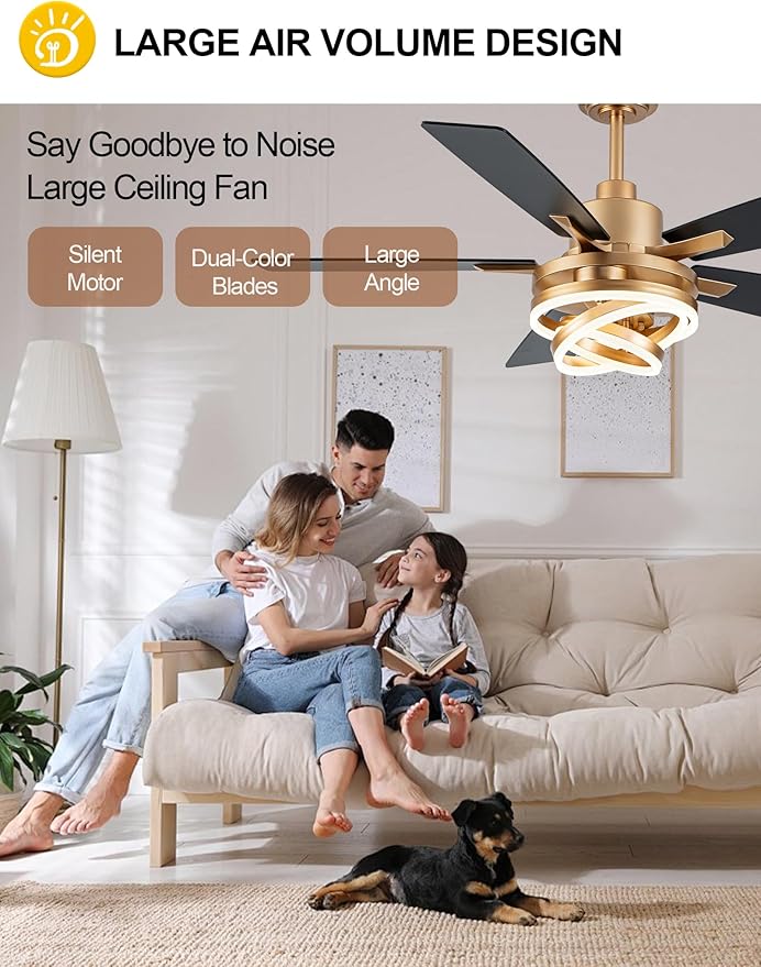 Dawn Whisper 52" Ceiling Fan with Light Gold Chandelier Fan DC Motor Dimmable LED Modern Ceiling Fan with Light for Bedroom Living Room