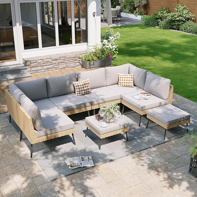 Aoxun 8-Piece Patio Furniture Set, Wicker Outdoor Furniture with Water Resistant Thick Cushions, Patio Conversation Set Outdoor Sectional Sofa with Coffee Table for Backyard Poolside, Light Grey