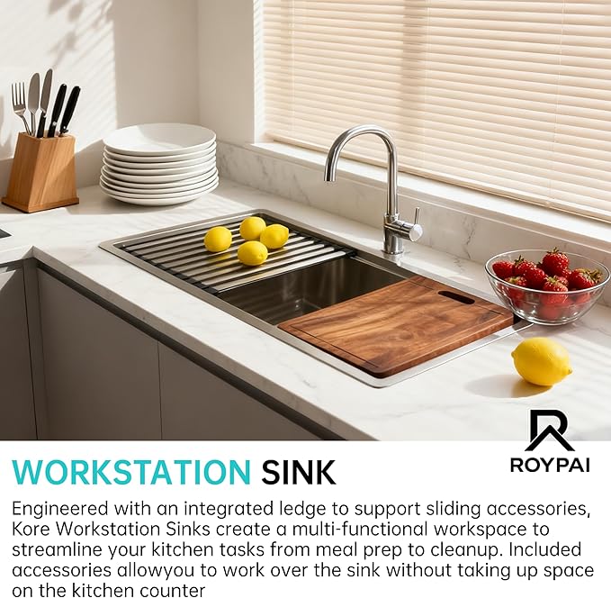 30 Inch Drop in Kitchen Sink Undermount Stainless Steel Kitchen Sinks,16 Gauge Top Mount Single Bowl Workstation Sink,Deep Handmade Kitchen Sink with Cutting Board & Strainer,Satin Nickel