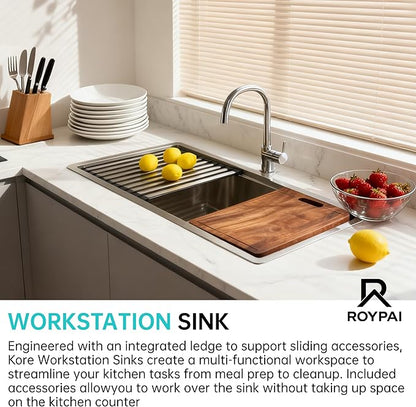 30 Inch Drop in Kitchen Sink Undermount Stainless Steel Kitchen Sinks,16 Gauge Top Mount Single Bowl Workstation Sink,Deep Handmade Kitchen Sink with Cutting Board & Strainer,Satin Nickel