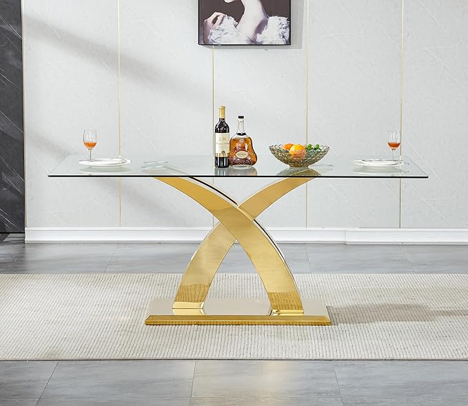 70" Glass Dining Table for 6-8, Modern Dining Room Table with 0.39" Tempered Glass Top and X-Shaped Gold Stainless Steel Base, Rectangle Kitchen Dinner Table for Dining Room