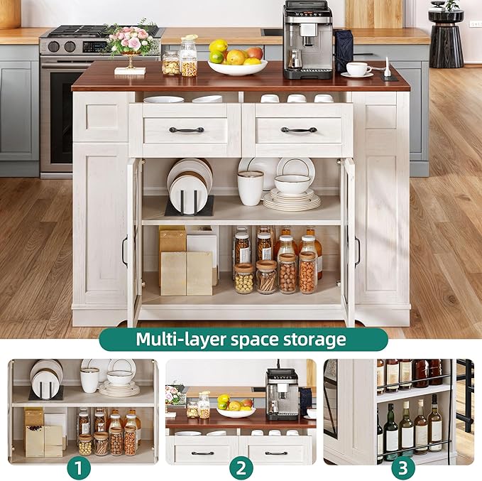 YITAHOME Kitchen Island with Seating, 47 Inch Mobile Storage Island with Drop Leaf, Rolling Islands Table with Power Outlet & Spice Rack, 2 Upholstered Stools and Footrest, for Dining Room, Off White