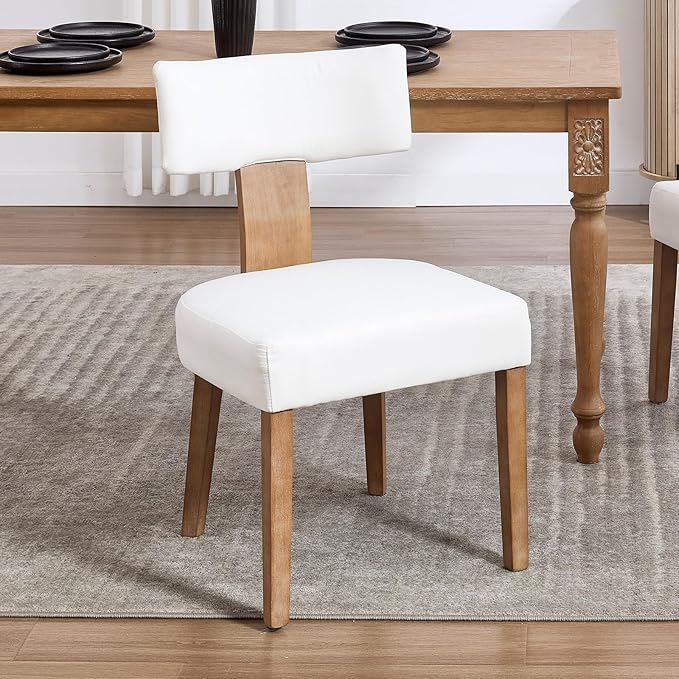 Mid Century Modern Dining Chairs, Upholstered Linen Fabric Chairs with Curved Backrest and Wood Legs, Comfy Kitchen Vanity Chairs for Dining Room/Living Room/Kitchen, Set of 6 Cream