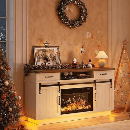 Jocoevol Fireplace TV Stand for TVs up to 65", Electric Fireplace with 3D Flame, Farmhouse LED Light Entertainment Center TV Console with with 2 Drawers, Sliding Barn Door for Living Room - White