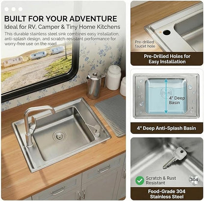 MILOSEN 25''x17'' RV Kitchen Sink, T304 Stainless Steel Drop In Top Mount Camper Sink, Single Bowl Basin with Pre-Drilled Holes & Strainer, 4" Deep Anti-Splash Sink for Mobile Building