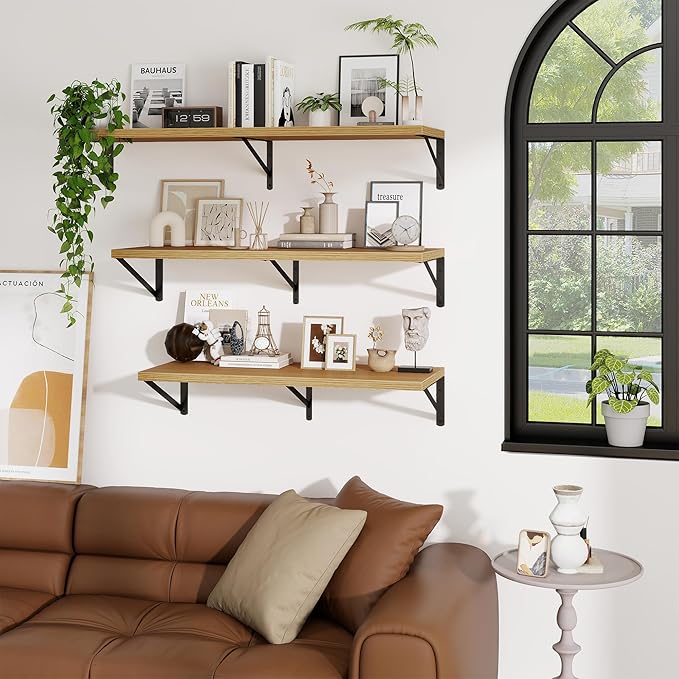 Deep Wall Shelves 48"W x 12"D Engineered Wood Floating Shelves for Wall, Sturdy Metal Bracket Bookshelves Home Decor Storage for Living Room Bedroom Bathroom Kitchen, Set of 2, Oak Finish