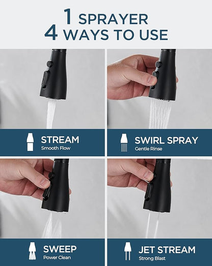 FORIOUS Black Kitchen Faucet with Soap Dispenser, Pull Down Sprayer, Modern High Arc Stainless Steel Faucet for Kitchen Sink, Single Handle for 1 or 3 Hole Decks for RV Bar Farmhouse Laundry Camper